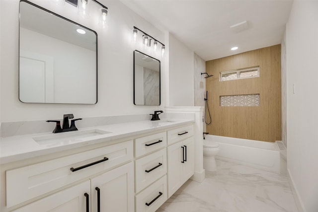 3620 Big Horn Trl, Plano, TX 75075 - bathroom featuring toilet, double vanity, shower / tub combination, marble look tiles, and recessed lighting