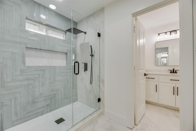 3620 Big Horn Trl, Plano, TX 75075 - bathroom featuring a shower stall, vanity, baseboards, and marble finish floors