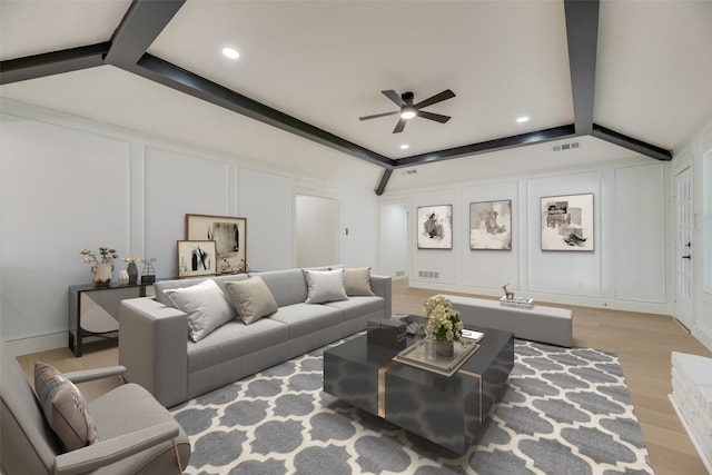 3620 Big Horn Trl, Plano, TX 75075 - living area with a decorative wall, a ceiling fan, light wood-type flooring, and recessed lighting