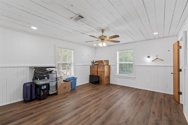 281 Private Road 612, Reagan, TX 76680 - living room featuring wood finished floors, ceiling fan, wood ceiling, a wainscoted wall, and wood walls