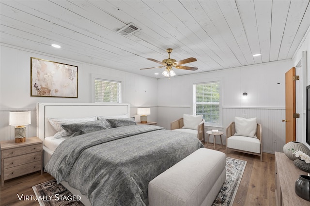 281 Private Road 612, Reagan, TX 76680 - bedroom with wooden ceiling, wood finished floors, wood walls, a wainscoted wall, and ceiling fan