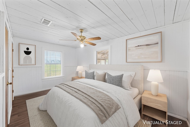 281 Private Road 612, Reagan, TX 76680 - bedroom featuring wood finished floors, wood ceiling, wood walls, ceiling fan, and a decorative wall