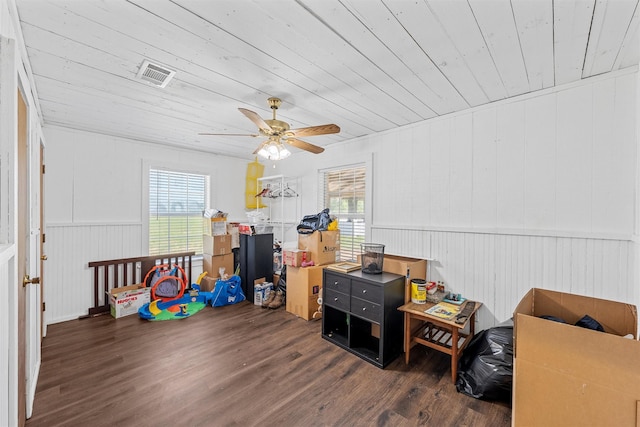 281 Private Road 612, Reagan, TX 76680 - recreation room featuring wood finished floors, wood ceiling, a ceiling fan, and wainscoting