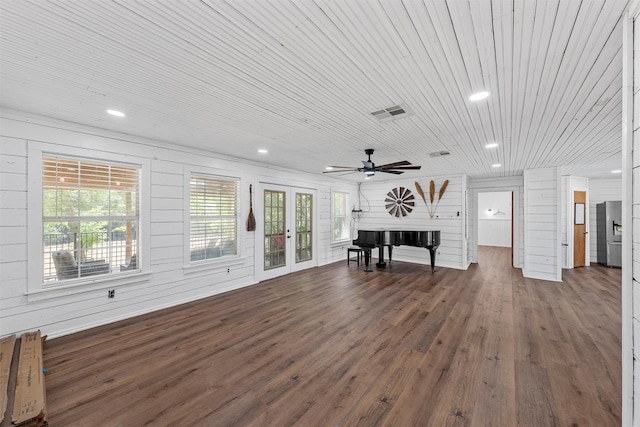 281 Private Road 612, Reagan, TX 76680 - living area featuring wood finished floors, recessed lighting, ceiling fan, french doors, and wood ceiling