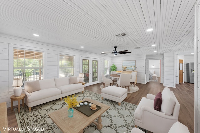 281 Private Road 612, Reagan, TX 76680 - living room with recessed lighting, french doors, wood finished floors, wood ceiling, and ceiling fan