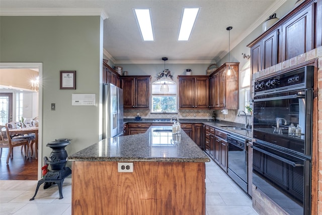5891 Harmony Ranch Rd, Aubrey, TX 76227 - kitchen with stainless steel refrigerator with ice dispenser, a sink, black dishwasher, tasteful backsplash, and dark stone countertops