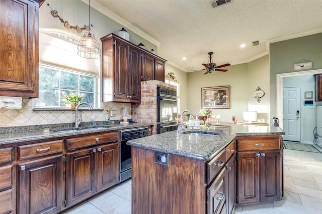 5891 Harmony Ranch Rd, Aubrey, TX 76227 - kitchen featuring black appliances, a sink, ceiling fan, tasteful backsplash, and a textured ceiling