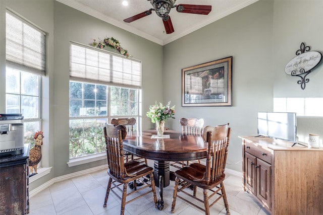 5891 Harmony Ranch Rd, Aubrey, TX 76227 - dining room featuring ornamental molding, a ceiling fan, and baseboards