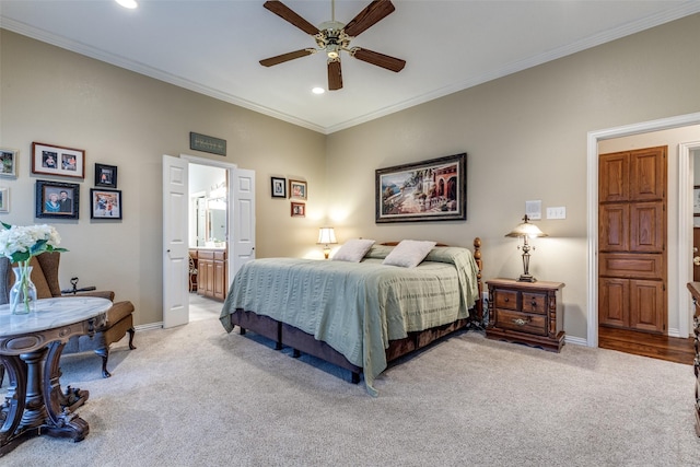 5891 Harmony Ranch Rd, Aubrey, TX 76227 - bedroom with light colored carpet, recessed lighting, crown molding, baseboards, and connected bathroom