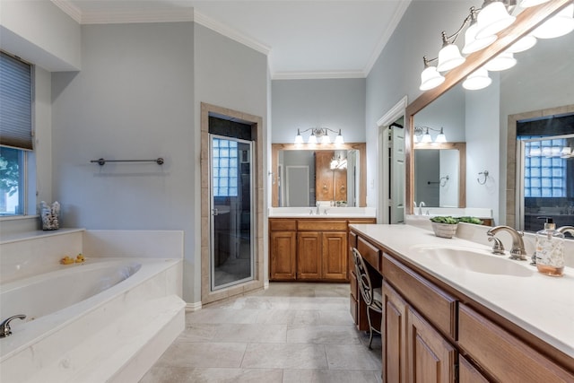 5891 Harmony Ranch Rd, Aubrey, TX 76227 - full bath with a bath, a stall shower, vanity, and ornamental molding
