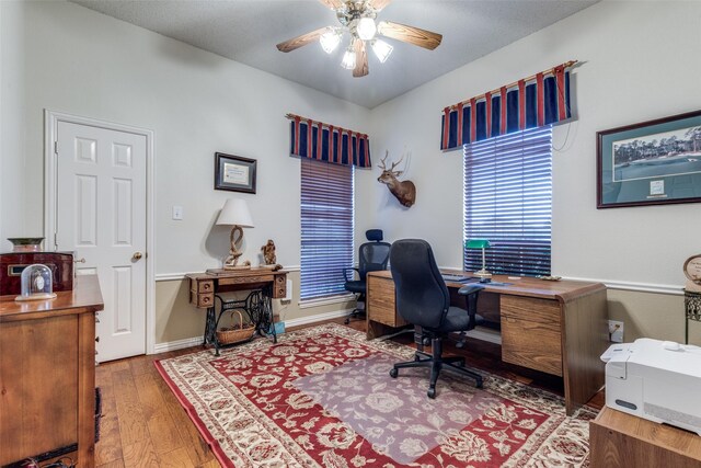 5891 Harmony Ranch Rd, Aubrey, TX 76227 - office area featuring ceiling fan, hardwood / wood-style flooring, and baseboards