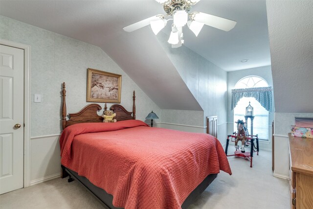 5891 Harmony Ranch Rd, Aubrey, TX 76227 - bedroom with carpet floors, lofted ceiling, and ceiling fan