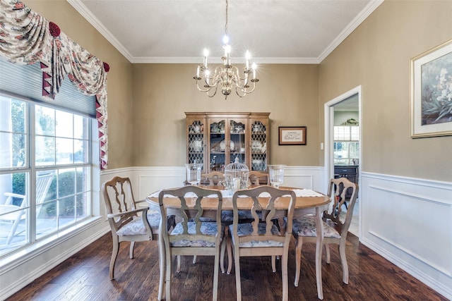 5891 Harmony Ranch Rd, Aubrey, TX 76227 - dining room with a chandelier, ornamental molding, a wainscoted wall, and dark wood-style floors