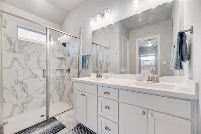 4105 Silver Spur Ct, Aubrey, TX 76227 - bathroom with a marble finish shower, marble finish floors, double vanity, and ceiling fan