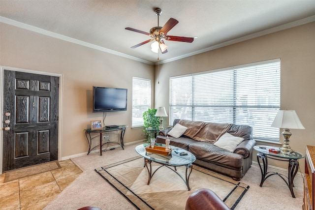 5321 Locust Dr, Mckinney, TX 75070 - living area with ceiling fan, light colored carpet, ornamental molding, and baseboards