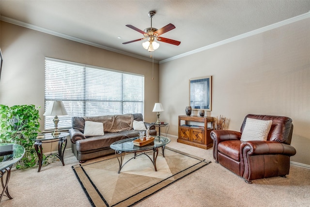 5321 Locust Dr, Mckinney, TX 75070 - carpeted living area featuring a ceiling fan, crown molding, and baseboards