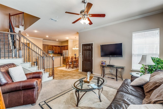 5321 Locust Dr, Mckinney, TX 75070 - living room with stairs, ceiling fan, crown molding, recessed lighting, and light colored carpet