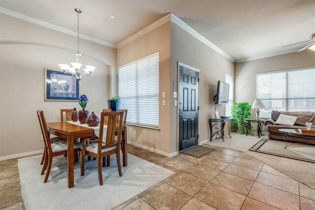 5321 Locust Dr, Mckinney, TX 75070 - dining space with ornamental molding, a chandelier, baseboards, and light tile patterned floors