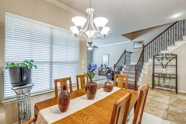 5321 Locust Dr, Mckinney, TX 75070 - tiled dining space with stairs, a chandelier, ornamental molding, and baseboards