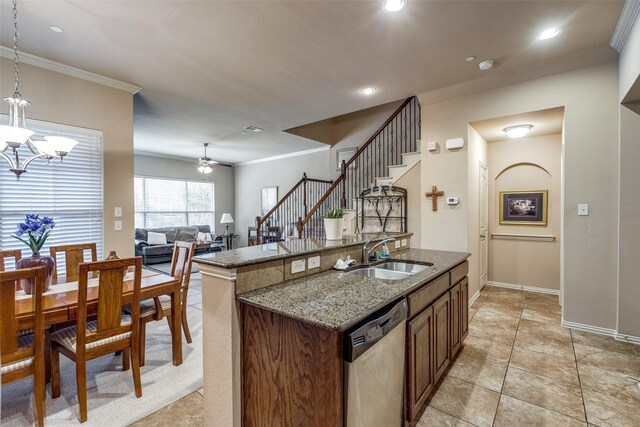 5321 Locust Dr, Mckinney, TX 75070 - kitchen featuring stainless steel dishwasher, a sink, a ceiling fan, recessed lighting, and ornamental molding