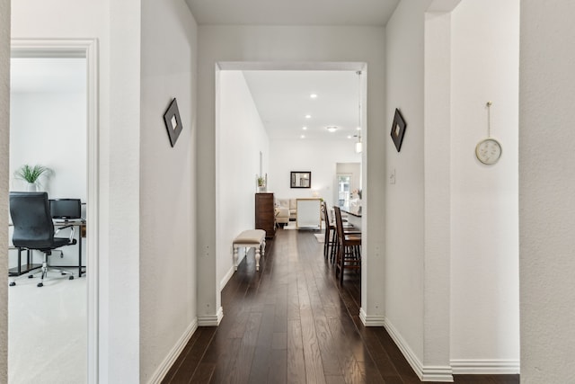 2516 Stella Ln, Northlake, TX 76247 - hallway with dark wood-style flooring, an office area, baseboards, and recessed lighting