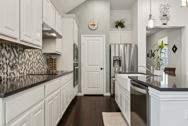 2516 Stella Ln, Northlake, TX 76247 - kitchen with stainless steel appliances, ventilation hood, dark countertops, decorative backsplash, and white cabinets