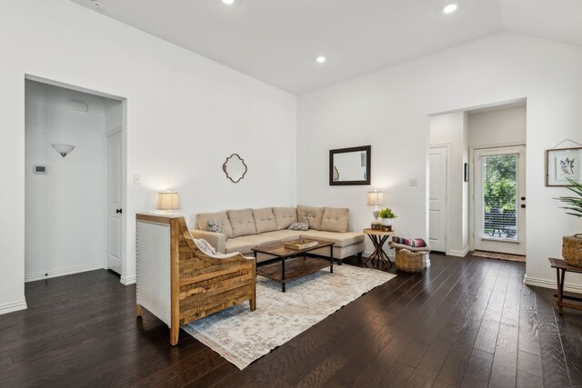 2516 Stella Ln, Northlake, TX 76247 - living area featuring dark wood finished floors, vaulted ceiling, recessed lighting, and baseboards