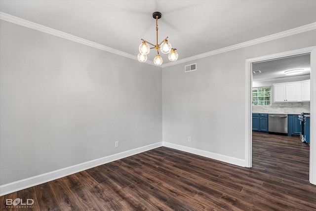 6130 Yarbrough Rd, Shreveport, LA 71119 - spare room featuring a chandelier, ornamental molding, dark wood-type flooring, and baseboards