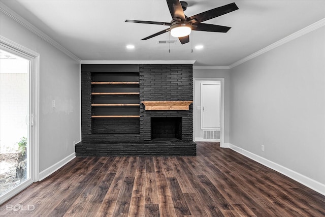 6130 Yarbrough Rd, Shreveport, LA 71119 - unfurnished living room featuring a fireplace, baseboards, plenty of natural light, dark wood-style flooring, and ornamental molding
