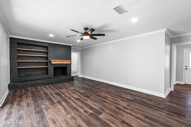 6130 Yarbrough Rd, Shreveport, LA 71119 - unfurnished living room featuring baseboards, a ceiling fan, dark wood-type flooring, a fireplace, and ornamental molding