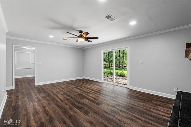 6130 Yarbrough Rd, Shreveport, LA 71119 - unfurnished living room with ceiling fan, baseboards, dark wood-type flooring, ornamental molding, and recessed lighting
