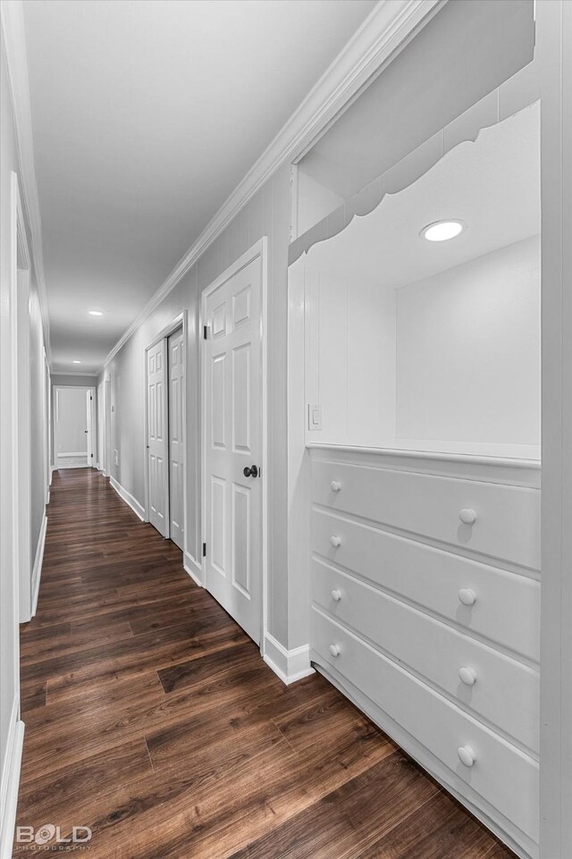 6130 Yarbrough Rd, Shreveport, LA 71119 - corridor featuring crown molding, baseboards, dark wood-type flooring, and recessed lighting
