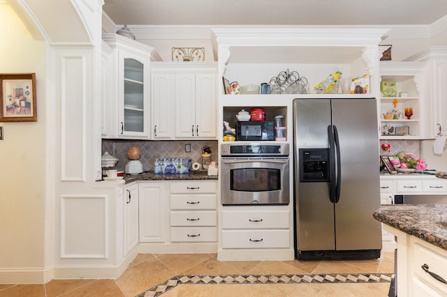 624 Horseshoe Bnd, Royse City, TX 75189 - kitchen with appliances with stainless steel finishes, open shelves, tasteful backsplash, white cabinetry, and ornamental molding