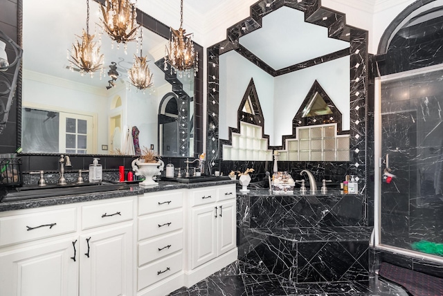 624 Horseshoe Bnd, Royse City, TX 75189 - full bathroom featuring marble tiled flooring, a chandelier, crown molding, and double vanity