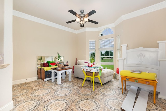 624 Horseshoe Bnd, Royse City, TX 75189 - rec room with ornamental molding, a ceiling fan, and baseboards