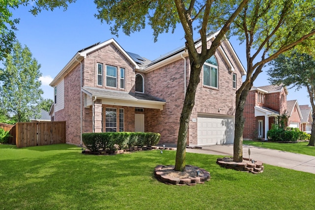 3148 Guadaloupe, Grand Prairie, TX 75054 - traditional-style home with driveway, a garage, solar panels, and brick siding