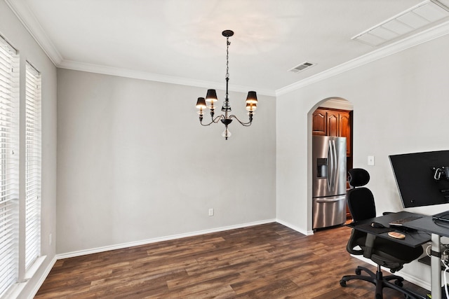 3148 Guadaloupe, Grand Prairie, TX 75054 - home office with arched walkways, dark wood finished floors, ornamental molding, a chandelier, and baseboards