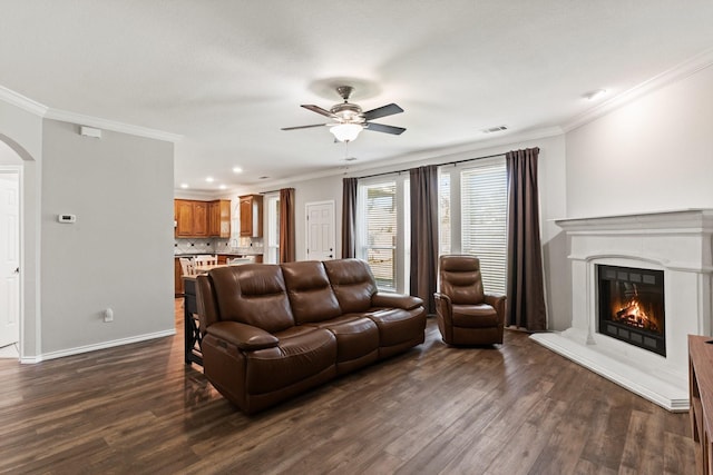 3148 Guadaloupe, Grand Prairie, TX 75054 - living room with a ceiling fan, dark wood-style floors, arched walkways, ornamental molding, and a glass covered fireplace