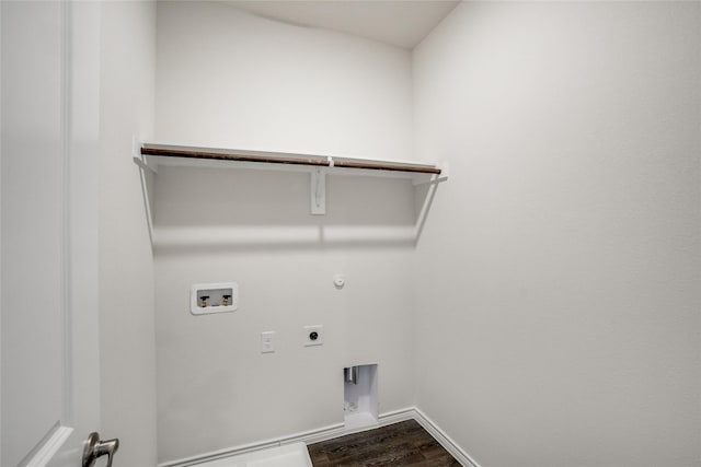 2112 Steer Creek Pl, Mesquite, TX 75149 - laundry room featuring electric dryer hookup, hookup for a washing machine, dark wood finished floors, hookup for a gas dryer, and baseboards