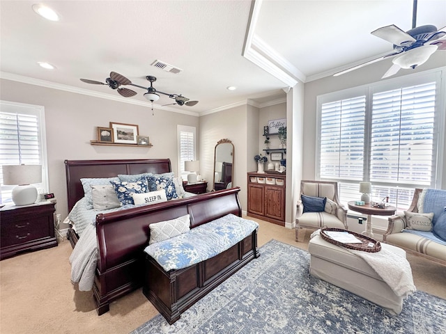 599 N Weldon, Frankston, TX 75763 - carpeted bedroom with multiple windows, crown molding, a ceiling fan, recessed lighting, and baseboards