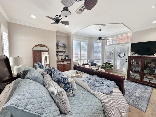 599 N Weldon, Frankston, TX 75763 - bedroom featuring multiple windows, access to outside, ornamental molding, ceiling fan, and recessed lighting