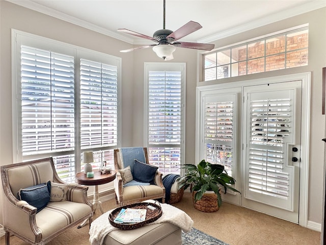 599 N Weldon, Frankston, TX 75763 - living area with carpet flooring, ceiling fan, and crown molding