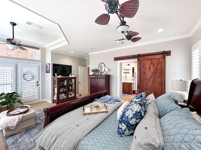 599 N Weldon, Frankston, TX 75763 - bedroom featuring a barn door, access to outside, multiple windows, ornamental molding, and ceiling fan