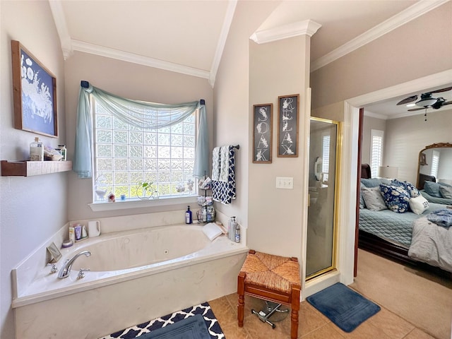599 N Weldon, Frankston, TX 75763 - bathroom with crown molding, a stall shower, a jetted tub, tile patterned floors, and connected bathroom