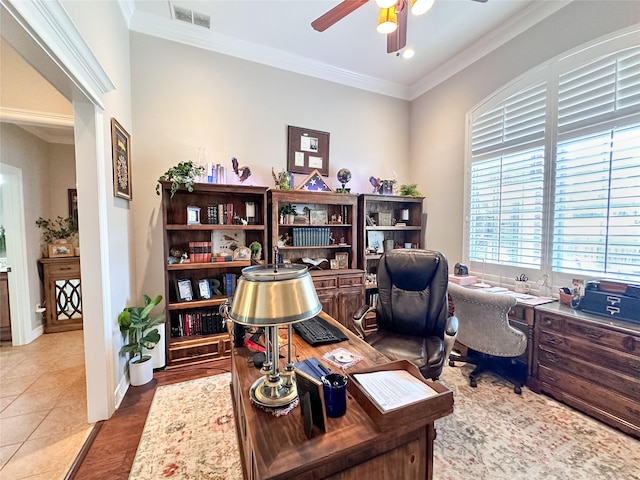 599 N Weldon, Frankston, TX 75763 - office space with a ceiling fan, crown molding, wood finished floors, and baseboards