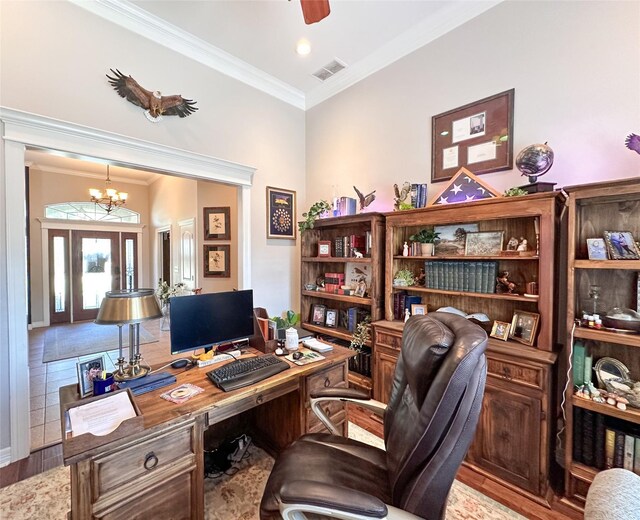 599 N Weldon, Frankston, TX 75763 - office space with ornamental molding, a chandelier, wood finished floors, and a ceiling fan