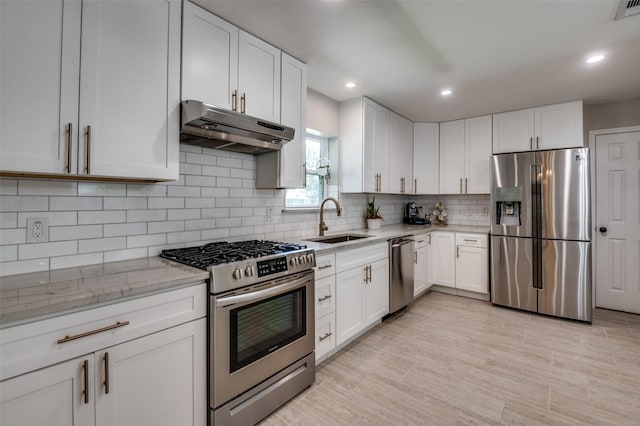 3385 Northaven Rd, Dallas, TX 75229 - kitchen featuring appliances with stainless steel finishes, under cabinet range hood, a sink, white cabinetry, and recessed lighting