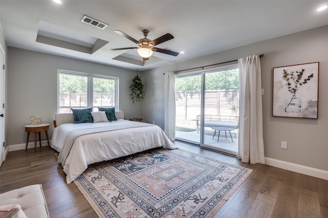 3385 Northaven Rd, Dallas, TX 75229 - bedroom with access to outside, hardwood / wood-style floors, baseboards, recessed lighting, and a raised ceiling
