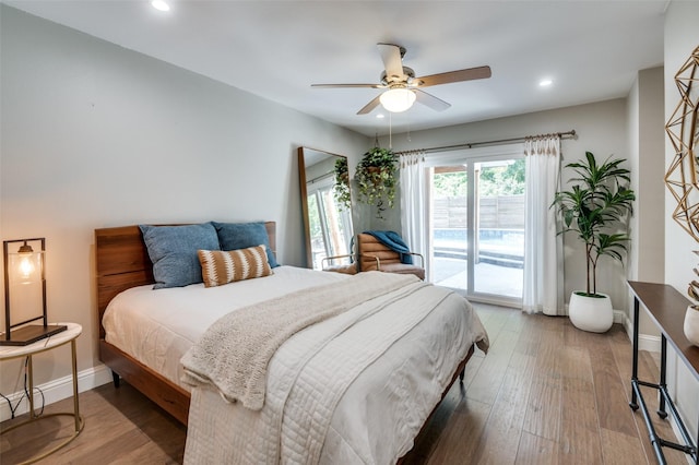 3385 Northaven Rd, Dallas, TX 75229 - bedroom with access to outside, baseboards, recessed lighting, wood finished floors, and a ceiling fan