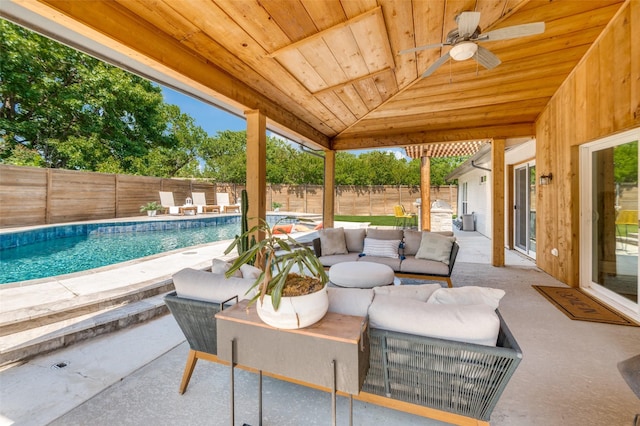 3385 Northaven Rd, Dallas, TX 75229 - fenced backyard with outdoor lounge area, a patio, and ceiling fan